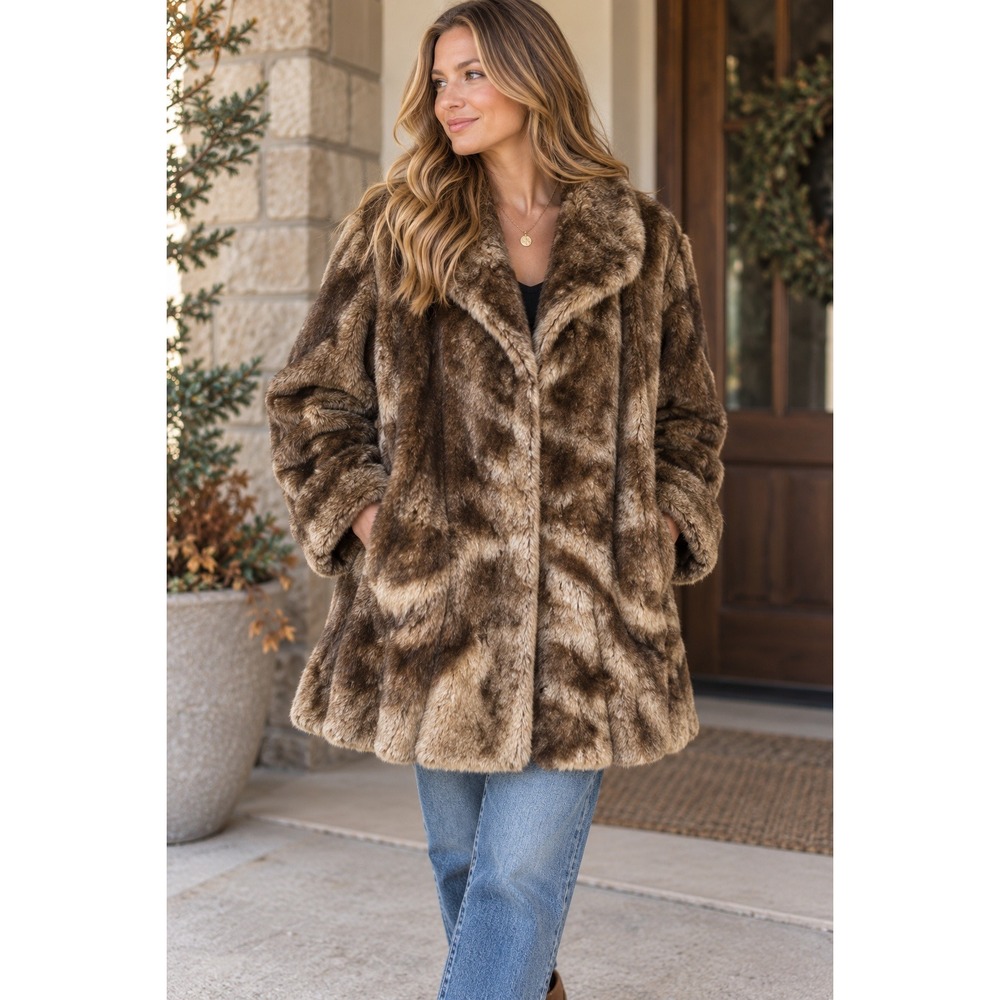 Dennis by Dennis Basso Brown Faux Fur Coat Plus Size 2X Hook Closure A33785